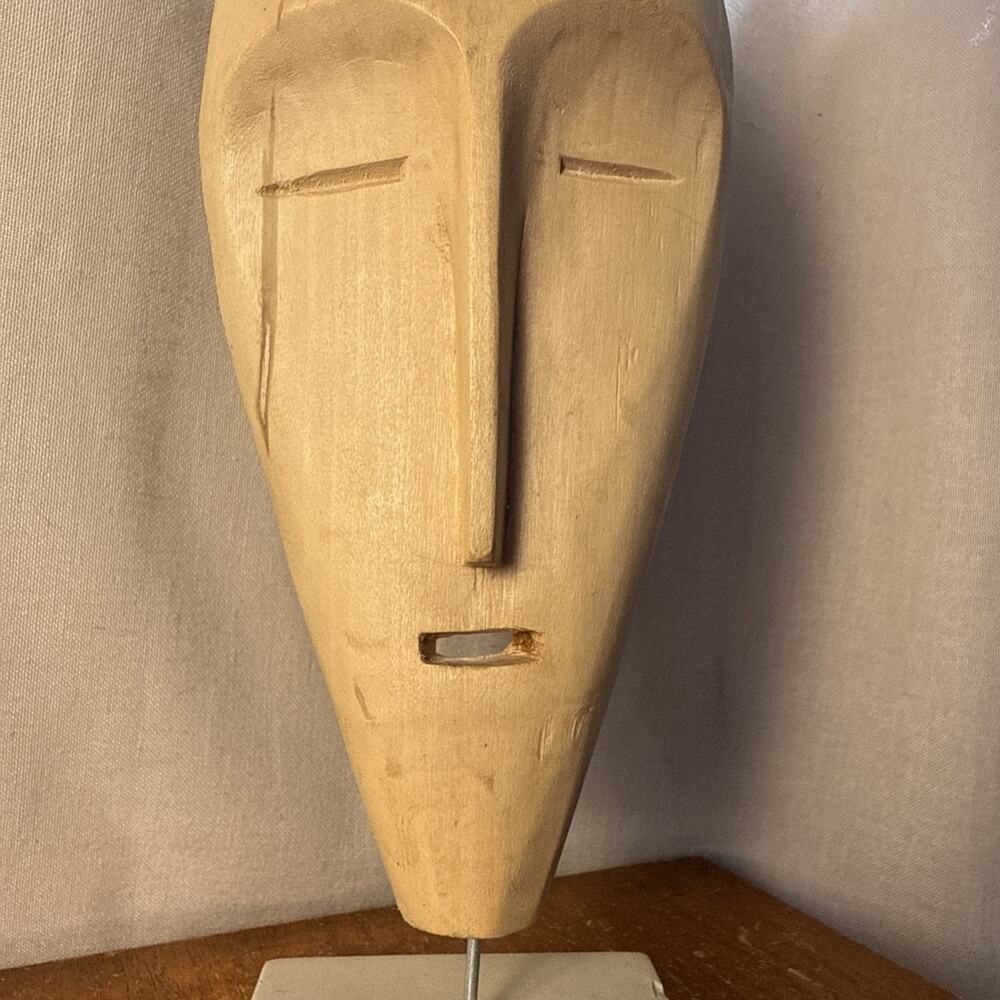 Vtg Hand Carved Wood Mask Head Mask Decor Stone Stand Art Sculpture Statue 14” - Picture 3 of 16